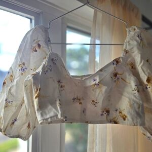 Linen/cotton Floral Puff Sleeve Crop Top H&M Size M